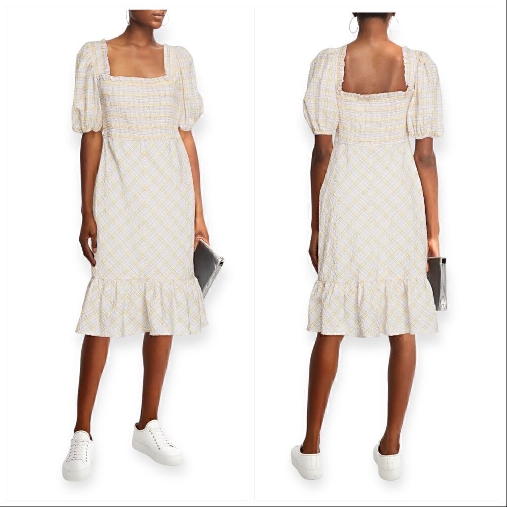 New with tag, GANNI Checked organic cotton-blend seersucker dress, Size 36EU/4